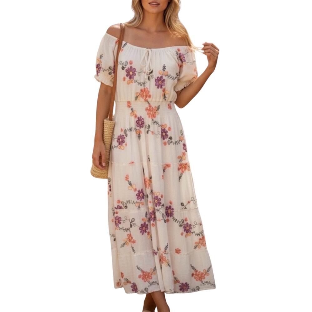 Anthropologie Kindred Ivory Floral Embroidered Cottage Maxi Dress Petite Small